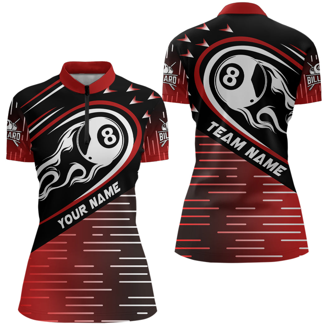 Personalized Red Black Flaming 8 Ball Women Quarter-Zip Shirts Custom Billiard Team Shirts TDM0455