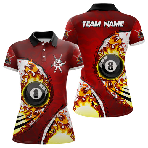 Personalized 8 Ball Fire Pool Billiards Polo Shirts For Women Custom Billiard Team Name Unisex Shirts TDM0456
