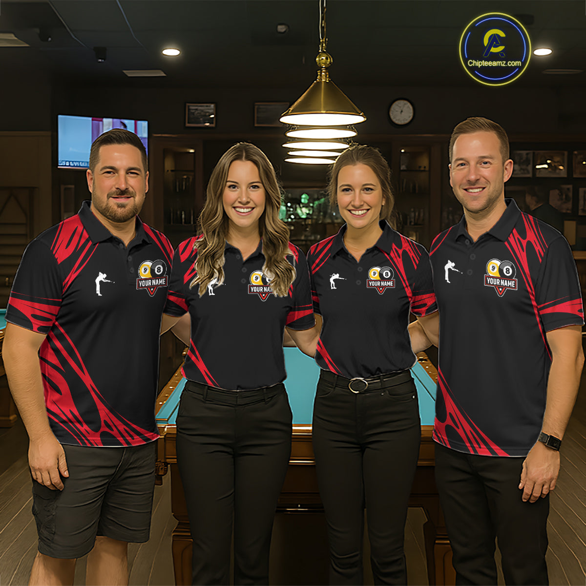 Personalized 8 Ball & 9 Ball Pool Billiard Polo, 1/4 Zip For Men Custom Team Billiard Jersey |Red TDM5601