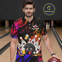 Load image into Gallery viewer, Man wearing blue and red drunk bowling balls and pins bowling polo shirt front view.