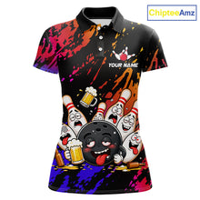 Load image into Gallery viewer, Blue and red drunk bowling balls and pins bowling team polo shirt for women.
