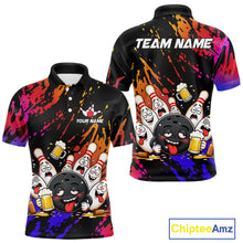 Load image into Gallery viewer, Blue and red drunk bowling balls and pins bowling team polo shirt for men.
