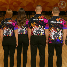 Load image into Gallery viewer, Bowling team wearing matching blue and red drunk bowling balls and pins jerseys back view.