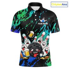 Load image into Gallery viewer, Blue and turquoise drunk bowling balls bowling polo shirt for men, funny beer bowling team jersey.