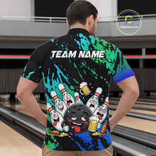 Load image into Gallery viewer, Man wearing blue and turquoise drunk bowling balls bowling quarter zip shirt back view.