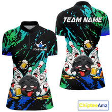 Load image into Gallery viewer, Blue and turquoise drunk bowling balls bowling quarter zip shirt for women.