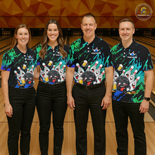 Load image into Gallery viewer, Bowling team wearing matching blue and turquoise drunk bowling balls jerseys front view.