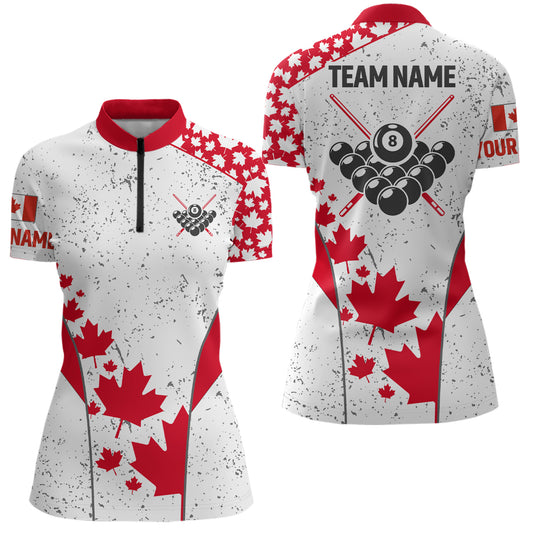 Personalized Grunge Canadian Flag Billiard Women Quarter-Zip Shirts, 8 Ball Billiard Jerseys TDM0669