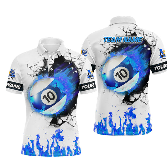 Personalized Blue Flaming 10 Ball Pool Billiard Polo Shirts For Men, 10 Ball Billiard Apparel TDM1034