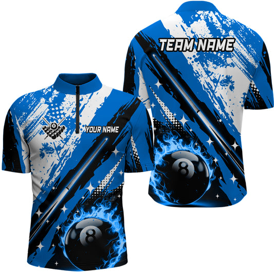 Personalized Billiard 8 Ball Pool Grunge Men Quarter-Zip Shirts, Billiard Jersey |Blue TDM1041