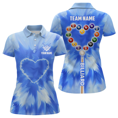 Personalized Blue Tie Dye With Heart Billiard Women Polo Shirts Custom Unique Billiard Shirts Gifts TDM1361