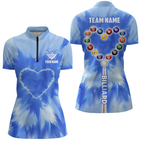 Customized Blue Tie Dye Heart Billiard Women Quarter-Zip Shirts, Unique Billiard Shirt Gifts TDM1361