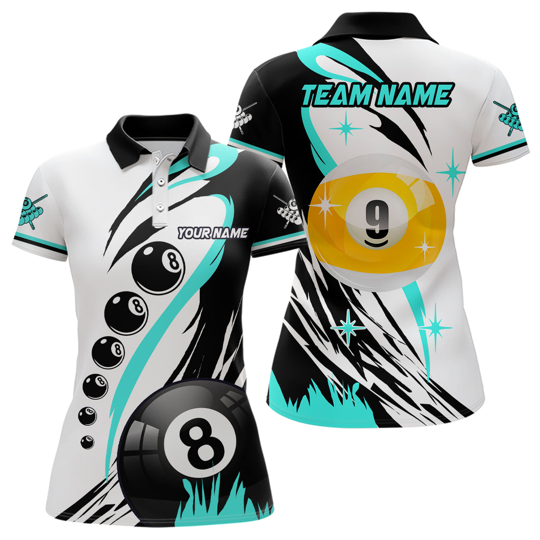 Personalized Billiard 8 Ball & 9 Ball Pool Shirts For Women Custom Billiard Team Jerseys | Turquoise TDM2410