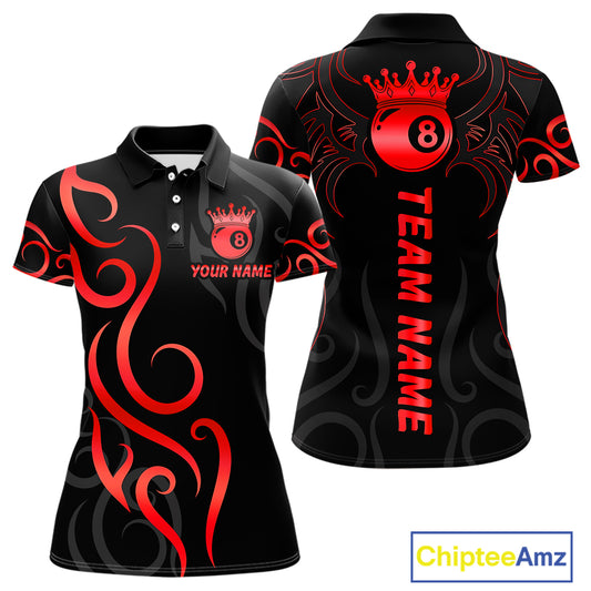 Black And Red 8 Ball Crown Tribal Billiard Shirt For Women Custom Pool Jersey Billiard Team Shirt TDM4725