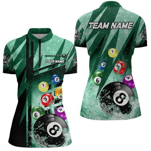 Personalized Billiard Balls In Water 3D Green Women Quarter-Zip Shirts Custom 8 Ball Apparel TDM0481