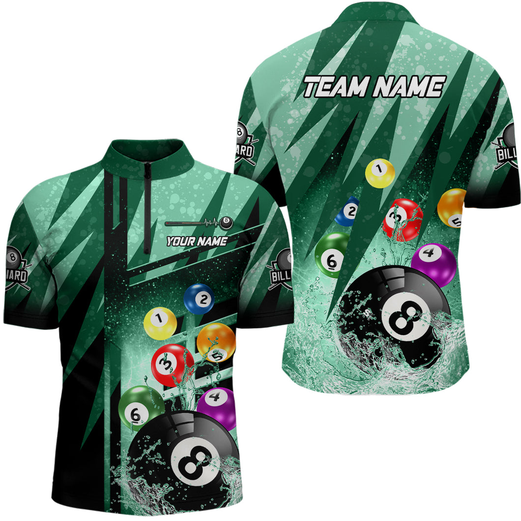 Personalized Billiard Balls In Water 3D Green Men Quarter-Zip Shirts Custom 8 Ball Apparel TDM0481