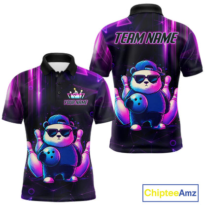 Colorful neon panda bowling polo shirt for men with custom bowling league team graphics.