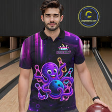 Load image into Gallery viewer, Man wearing a neon octopus bowling polo shirt at a bowling alley front view.