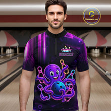 Load image into Gallery viewer, Man wearing a neon octopus bowling quarter zip jersey during league competition front view.