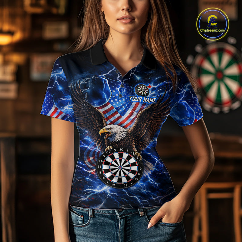 Woman Wearing Blue Thunder Lightning US Flag Eagle Darts Polo Shirt with Athletic Performance Fit and Patriotic Eagle Graphic Artwork, Front View
