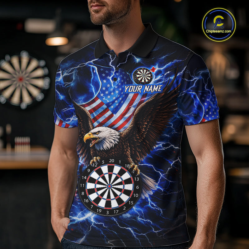 Man Wearing Blue Thunder Lightning US Flag Eagle Darts Polo Shirt with Athletic Performance Fit and Patriotic Eagle Graphic Artwork, Front View