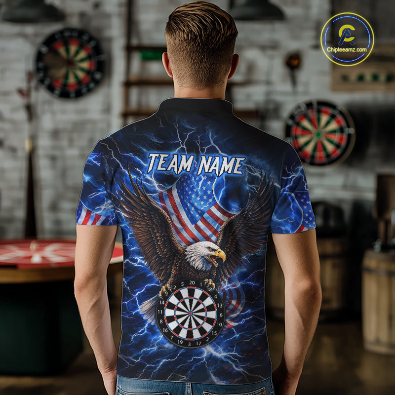 Man Wearing Blue Thunder Lightning US Flag Eagle Custom Darts Team Jersey Featuring the Complete Rear Graphic Design, Back View