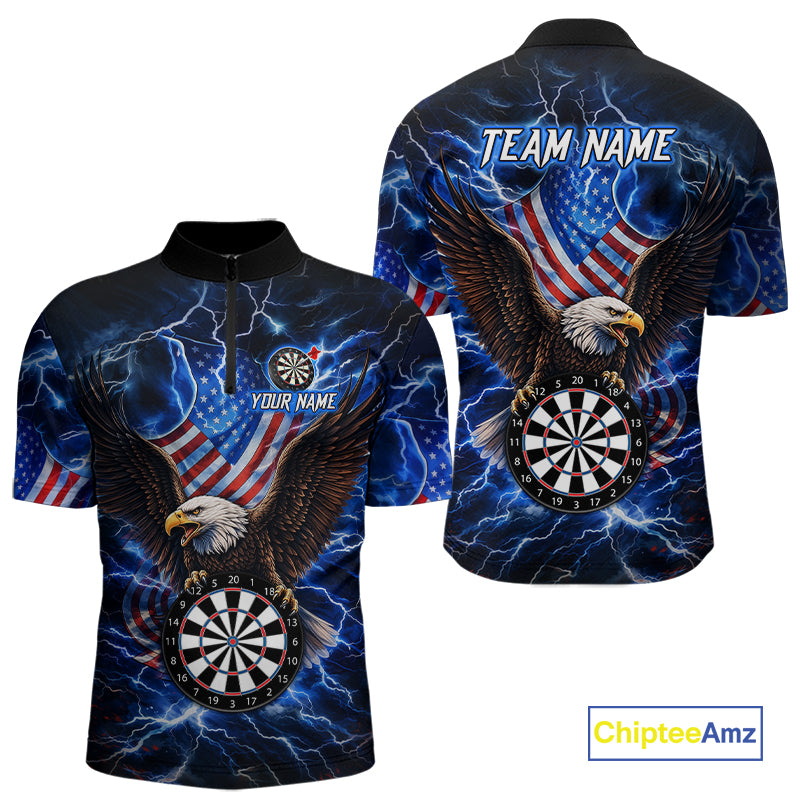 Blue Thunder Lightning US Flag Eagle Quarter Zip Darts Shirt for Men Created for Competitive Dart League Teams with Performance Fabric and Tournament Ready Team Design