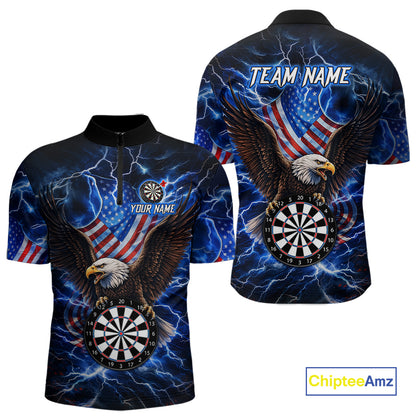 Blue Thunder Lightning US Flag Eagle Quarter Zip Darts Shirt for Men Created for Competitive Dart League Teams with Performance Fabric and Tournament Ready Team Design
