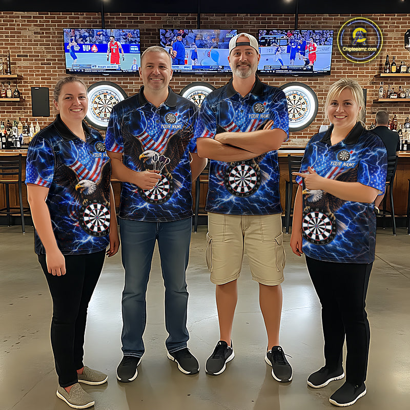 Dart Team Wearing Blue Thunder Lightning US Flag Eagle Darts Jerseys During League Competition and Tournament Matches, Front View