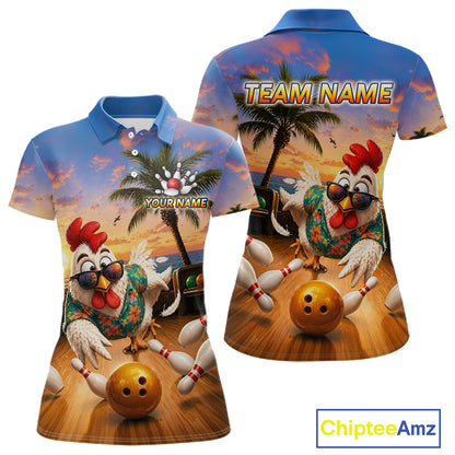 Funny Tropical Rooster Chicken Bowling Shirt For Women Custom Vintage Bowling Jersey Polo & 1/4 Zip TDM6475
