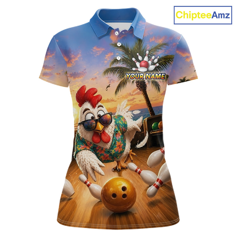 Funny Tropical Rooster Chicken Bowling Shirt For Women Custom Vintage Bowling Jersey Polo & 1/4 Zip TDM6475