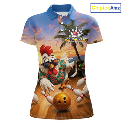 Funny Tropical Rooster Chicken Bowling Shirt For Women Custom Vintage Bowling Jersey Polo & 1/4 Zip TDM6475