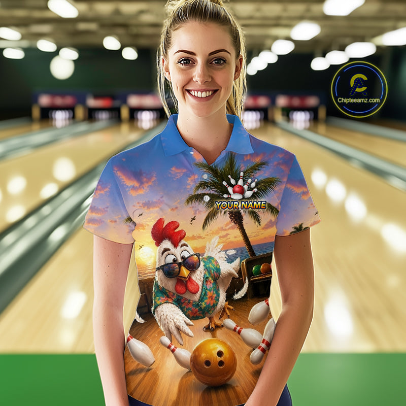 Funny Tropical Rooster Chicken Bowling Shirt For Women Custom Vintage Bowling Jersey Polo & 1/4 Zip TDM6475