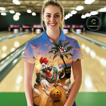Funny Tropical Rooster Chicken Bowling Shirt For Women Custom Vintage Bowling Jersey Polo & 1/4 Zip TDM6475