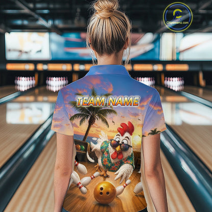 Funny Tropical Rooster Chicken Bowling Shirt For Women Custom Vintage Bowling Jersey Polo & 1/4 Zip TDM6475