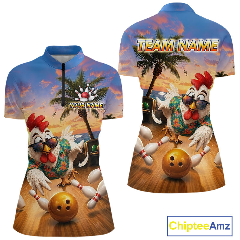 Funny Tropical Rooster Chicken Bowling Shirt For Women Custom Vintage Bowling Jersey Polo & 1/4 Zip TDM6475