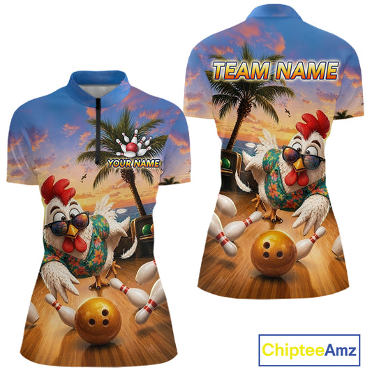 Funny Tropical Rooster Chicken Bowling Shirt For Women Custom Vintage Bowling Jersey Polo & 1/4 Zip TDM6475