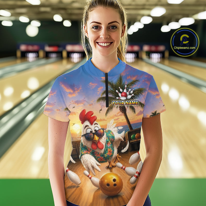 Funny Tropical Rooster Chicken Bowling Shirt For Women Custom Vintage Bowling Jersey Polo & 1/4 Zip TDM6475