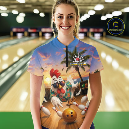 Funny Tropical Rooster Chicken Bowling Shirt For Women Custom Vintage Bowling Jersey Polo & 1/4 Zip TDM6475
