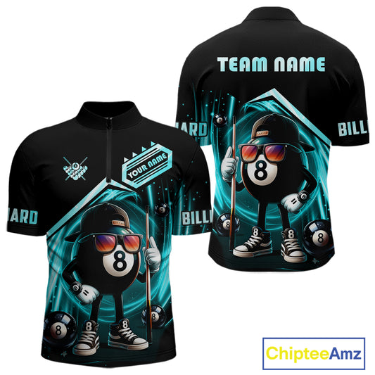 Turquoise Funny 8 Ball Billiard Shirt For Men Custom Pool Team Shirt, Billiard Jersey Polo, 1/4 Zip TDM5644