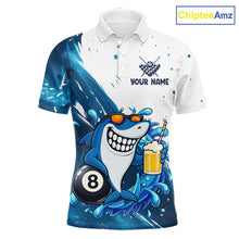 Load image into Gallery viewer, Blue and white funny shark 8 ball pool billiard team jersey polo shirt for men, custom pool league apparel and tournament jersey.