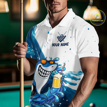Load image into Gallery viewer, Man wearing blue and white funny shark 8 ball pool billiard polo shirt front view.