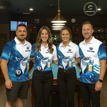 Load image into Gallery viewer, Billiard team wearing matching blue and white funny shark 8 ball pool jerseys front view.