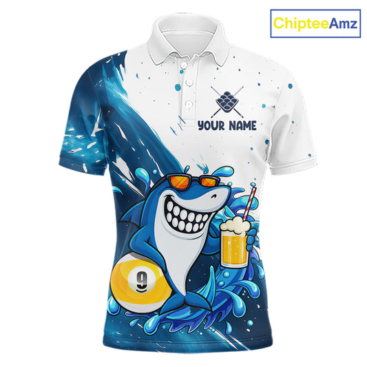 Blue and white funny shark 9 ball pool billiard team jersey polo shirt for men, custom pool league apparel and tournament jersey.