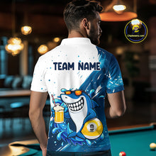 Load image into Gallery viewer, Man wearing blue and white funny shark 9 ball pool billiard polo shirt back view.