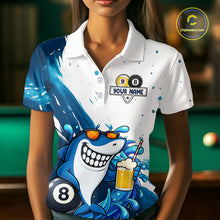 Load image into Gallery viewer, Woman wearing custom blue funny shark 8 ball and 9 ball pool billiard polo shirt front view.