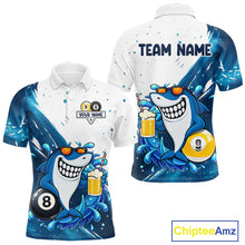 Load image into Gallery viewer, Custom blue funny shark 8 ball and 9 ball pool billiard team jersey polo shirt for men, personalized pool league apparel and tournament jersey.