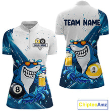 Load image into Gallery viewer, Custom blue funny shark 8 ball and 9 ball pool billiard quarter zip shirt for women, personalized billiard team jersey.