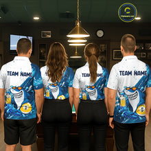 Load image into Gallery viewer, Billiard team wearing matching blue funny shark 8 ball and 9 ball pool jerseys back view.