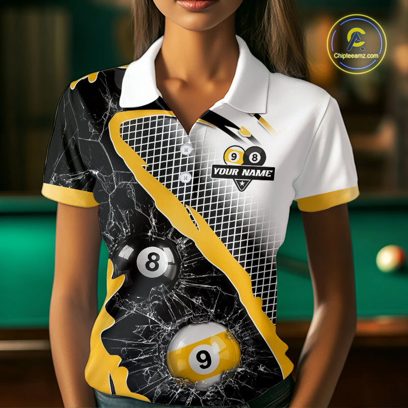 Black And Yellow 8 Ball & 9 Ball Break Glass Billiard Jersey For Women Custom Pool Team Shirts TDM7159